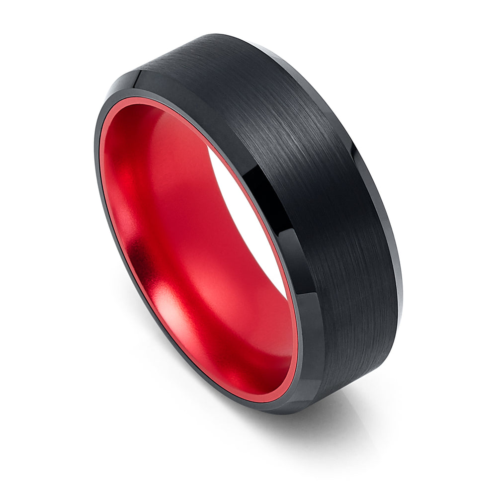 8mm Black Tungsten Wedding Ring with Red Inside Inlay