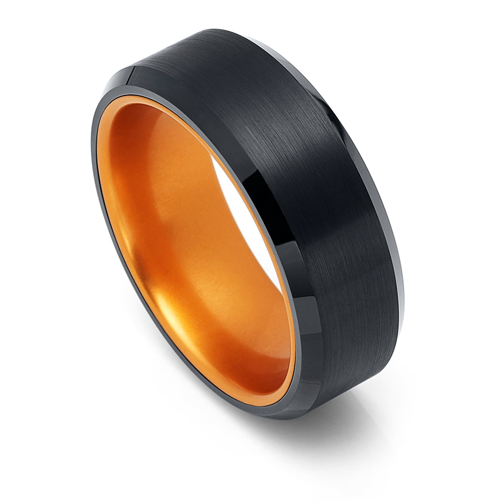8mm - Black Tungsten Wedding Band with Orange Inside Inlay