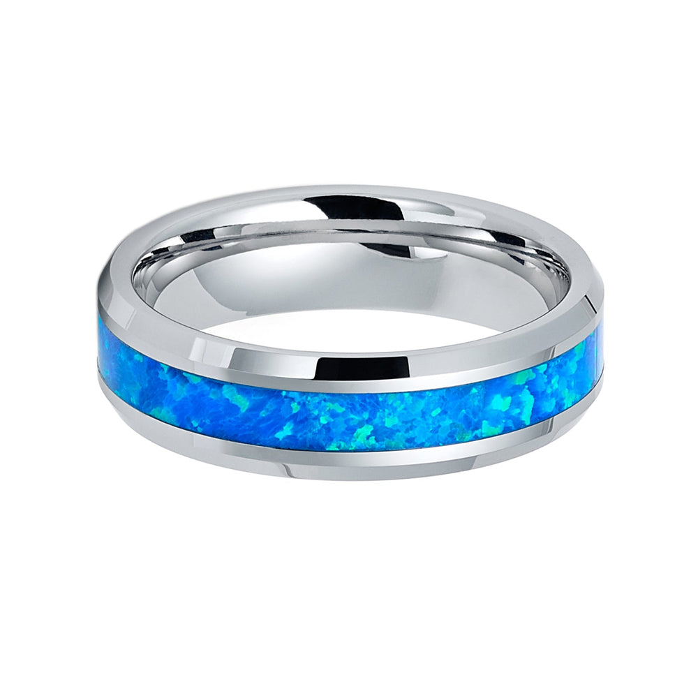 6mm Silver Tungsten Carbide Wedding Band With Blue Opal Inlay