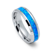 6mm Silver Tungsten Carbide Wedding Band With Blue Opal Inlay