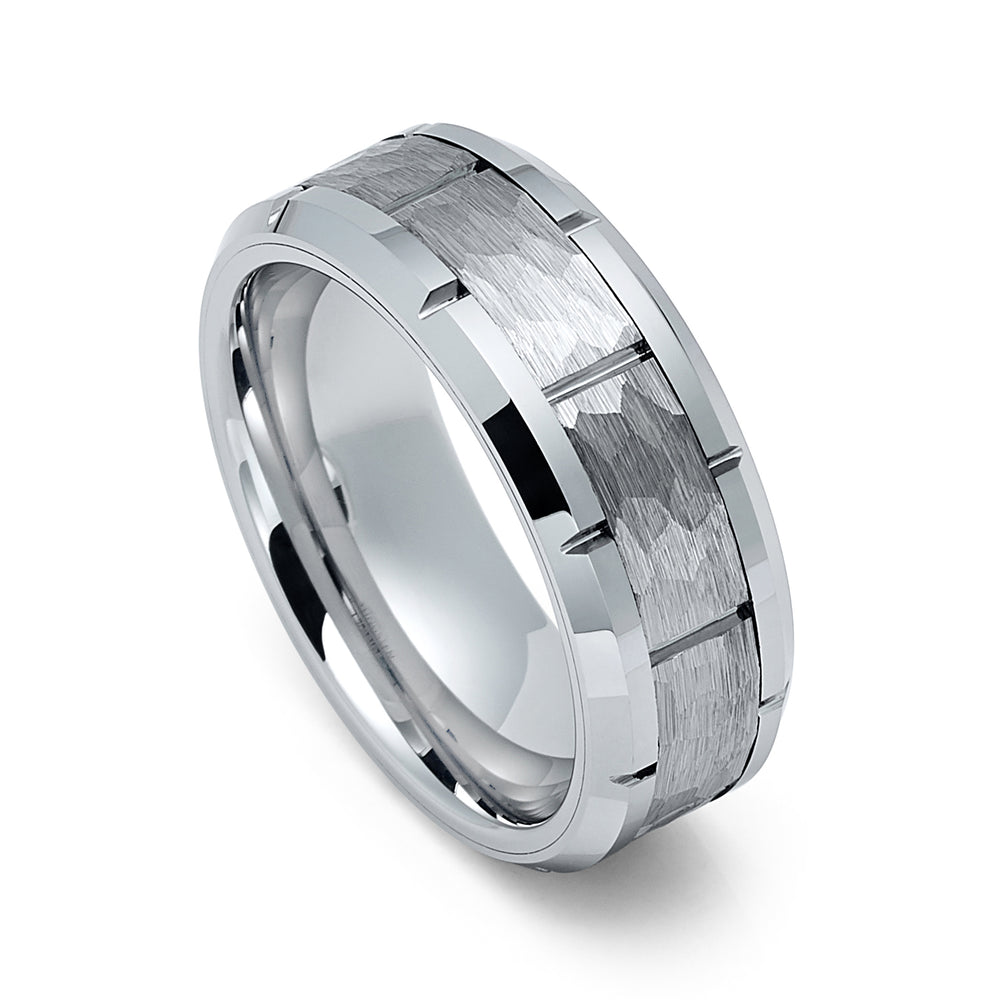 8mm - Mens Silver Tungsten Carbide Wedding Band Notched Hammered Ring