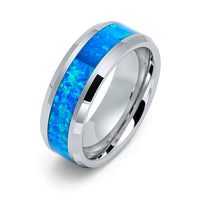 8mm Silver Tungsten Carbide Wedding Band With Blue Opal Inlay
