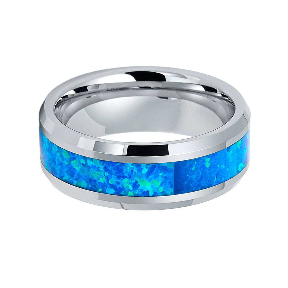 8mm Silver Tungsten Carbide Wedding Band With Blue Opal Inlay