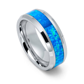 8mm Silver Tungsten Carbide Wedding Band With Blue Opal Inlay