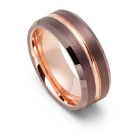 8mm - Espresso and Rose Gold Groove Ring, Tungsten Carbide Wedding Band
