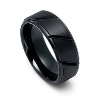 8mm Black Tungsten Carbide Wedding Ring with Diagonal Grooves