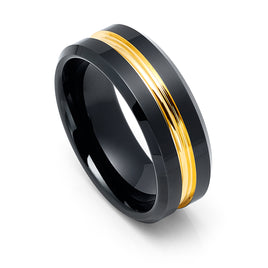 8mm Black Tungsten Wedding Band With Yellow Gold Grooved Center