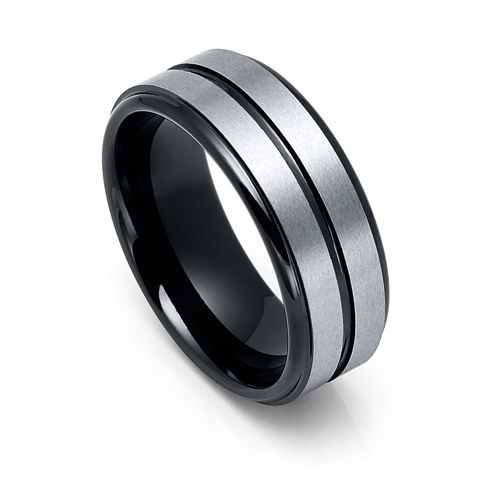 8MM BLACK TUNGSTEN WEDDING BAND, SILVER BRUSHED W/ BLACK CENTER GROOVE