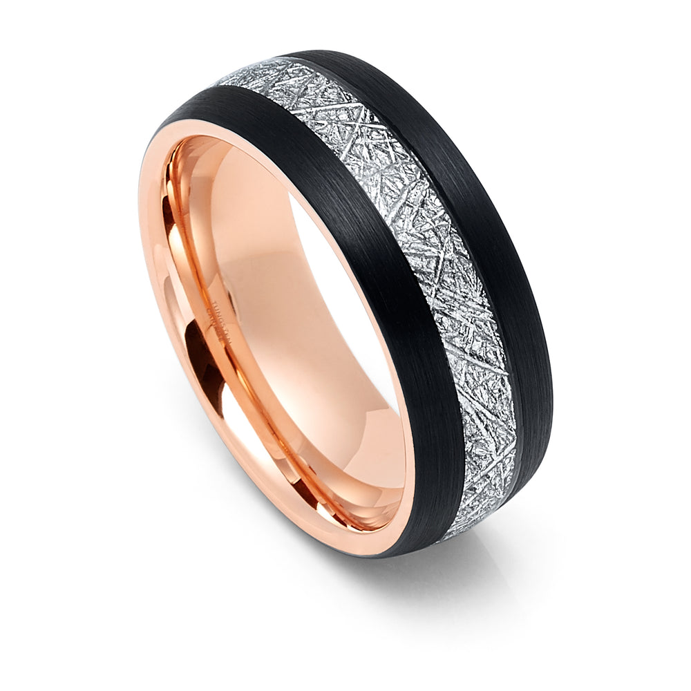 8mm - Tungsten Rose Gold & Black Meteorite Wedding Band, Wedding Band, Meteorite Inlay,