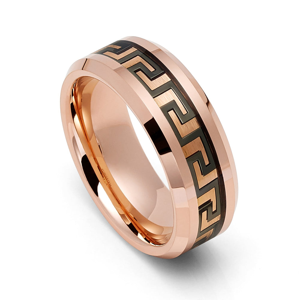 8mm Rose Gold Tungsten Wedding Band W/ Black Greek Key Beveled Edges