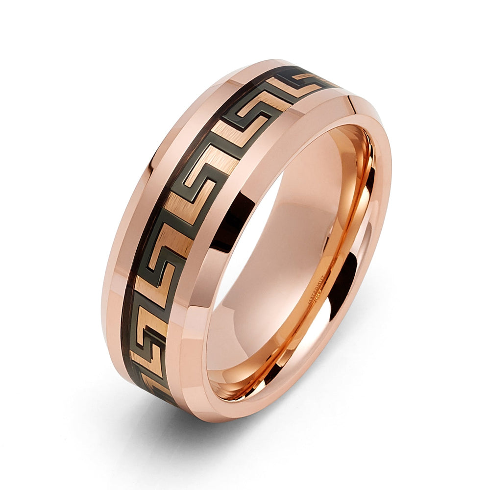 8mm Rose Gold Tungsten Wedding Band W/ Black Greek Key Beveled Edges