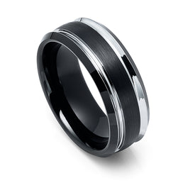 8mm Black Tungsten Carbide Wedding Band with Silver and black Beveled Edges