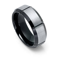 8mm - Tungsten Wedding Band, Gunmetal Brushed Grooved Ring, Beveled Edge Brush Center