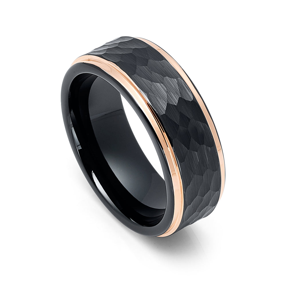 8mm - Tungsten Ring Two-Tone Black & Rose Gold Edges Hammered Center