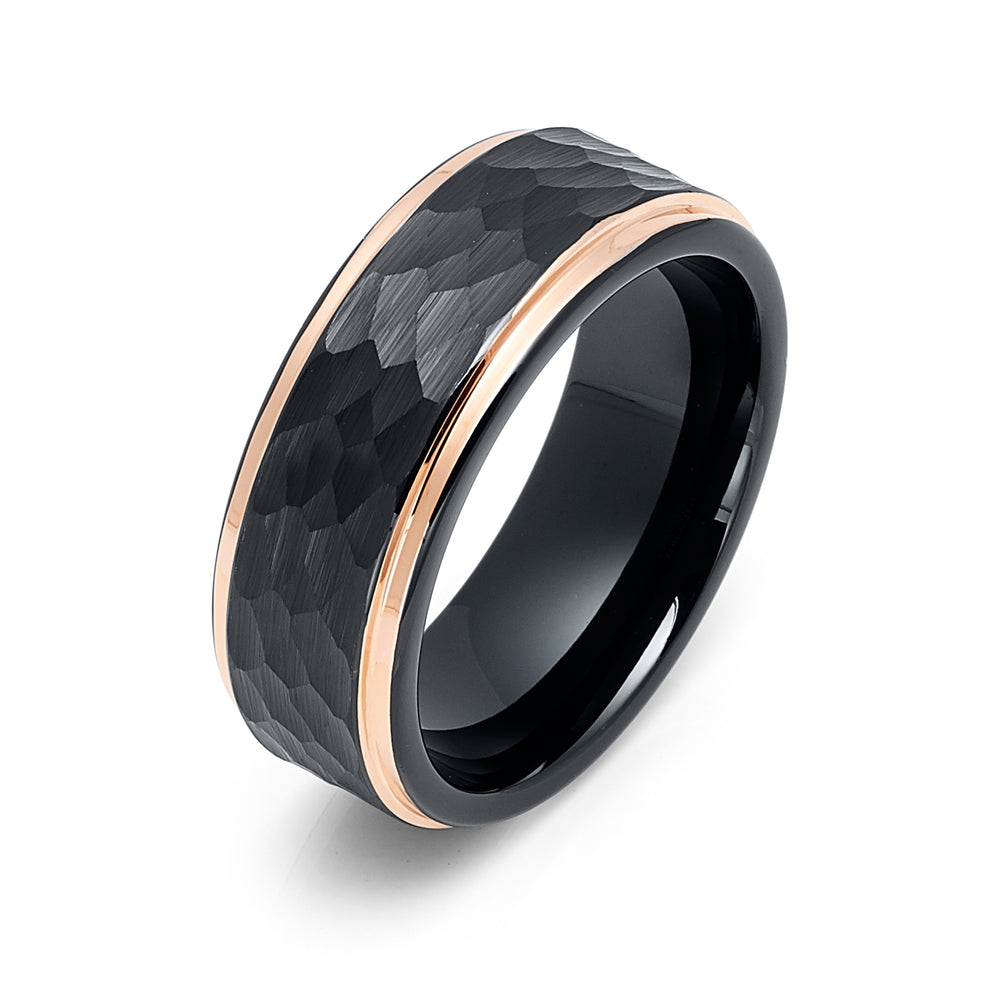 8mm - Tungsten Ring Two-Tone Black & Rose Gold Edges Hammered Center