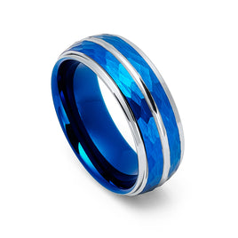 8mm Blue & Silver Tungsten Carbide Wedding Ring Hammered Finish