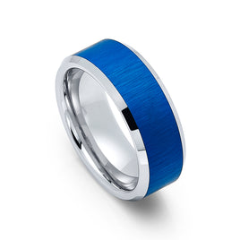 8mm Silver & Blue Tungsten Wedding Band W/ Brushed Blue Center & Polished Edges