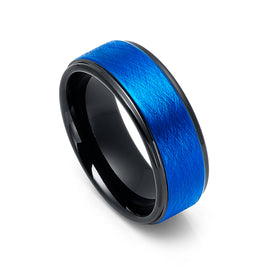 8mm - Black Tungsten Wedding Band Ice Finish W/ Blue Brushed Center