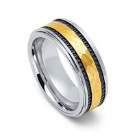 8mm Yellow Gold Hammered Tungsten Carbide Wedding Ring with Black Striped Sides