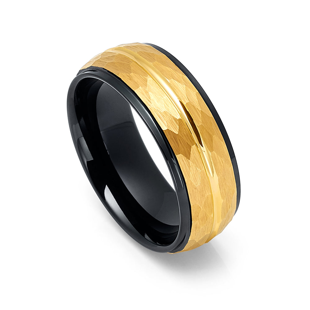8mm - Black & Gold Hammered Tungsten Wedding Band W/ Stepped Edges