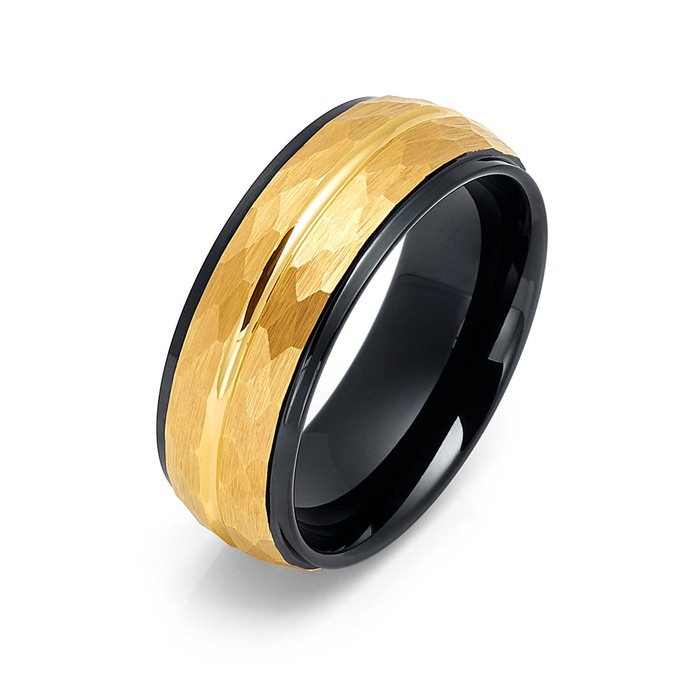 8mm - Black & Gold Hammered Tungsten Wedding Band W/ Stepped Edges