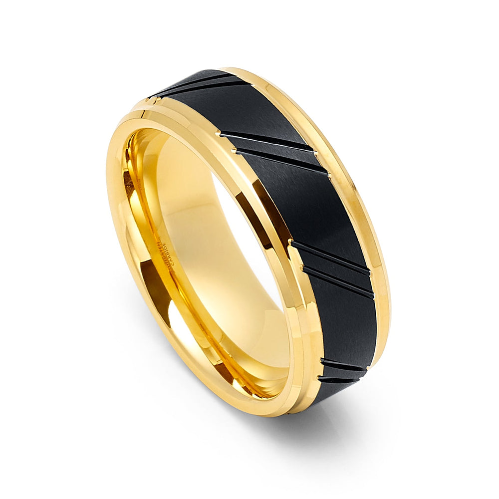 8mm - Black & Gold Tungsten Wedding Band Diagonally Grooved Brushed Center