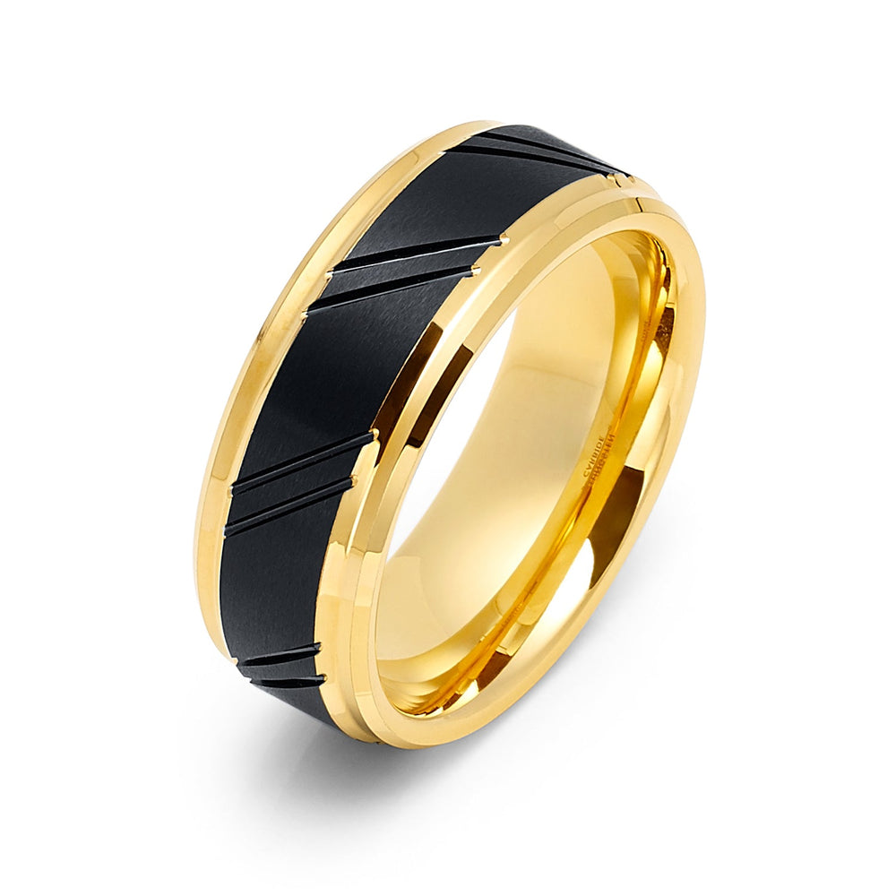 8mm - Black & Gold Tungsten Wedding Band Diagonally Grooved Brushed Center