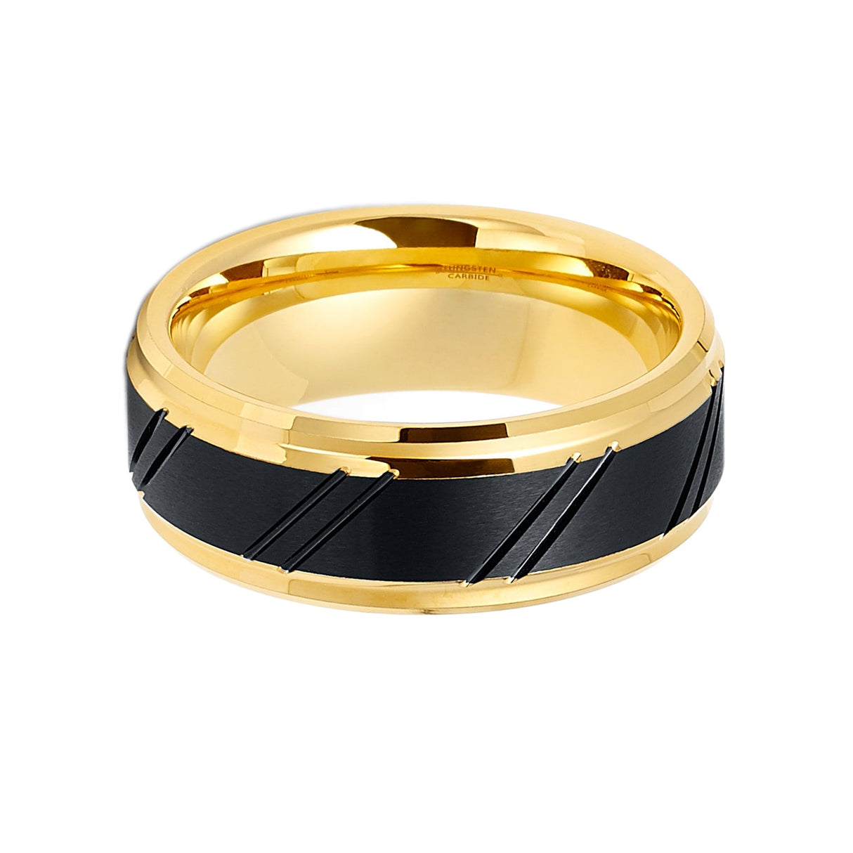 8mm - Black & Gold Tungsten Wedding Band Diagonally Grooved Brushed Center