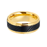8mm - Black & Gold Tungsten Wedding Band Diagonally Grooved Brushed Center