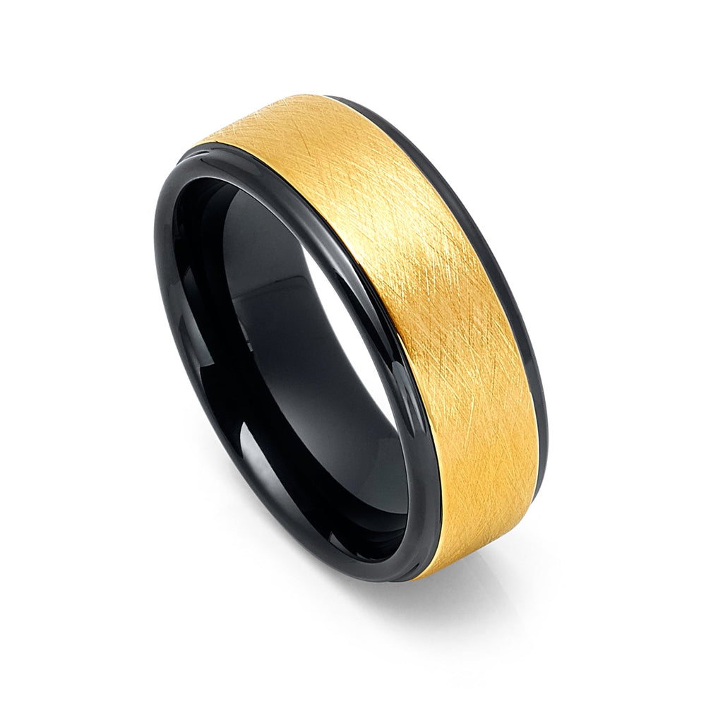 8mm - Black & Gold Tungsten Wedding Band Wire Brushed Center Finish