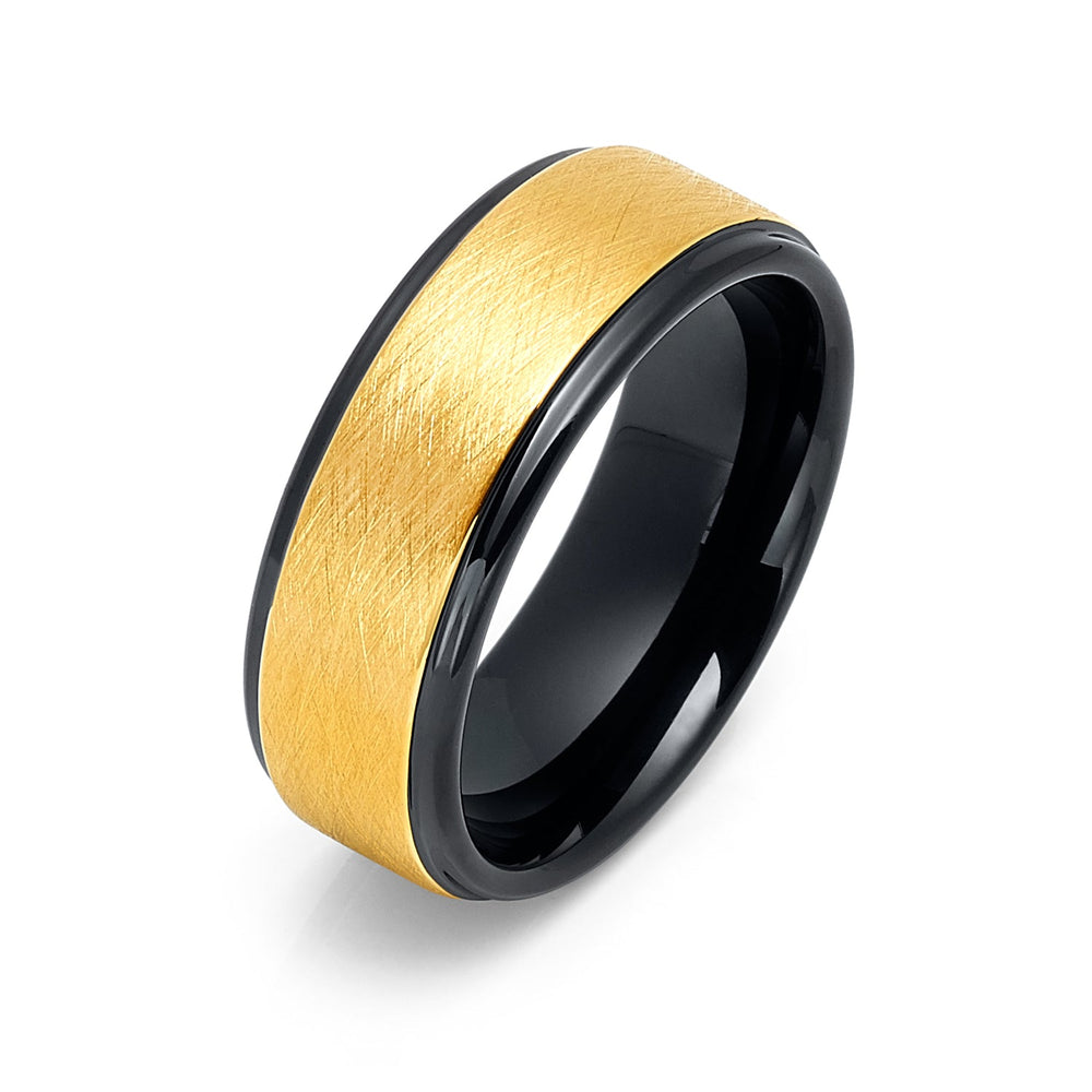 8mm - Black & Gold Tungsten Wedding Band Wire Brushed Center Finish