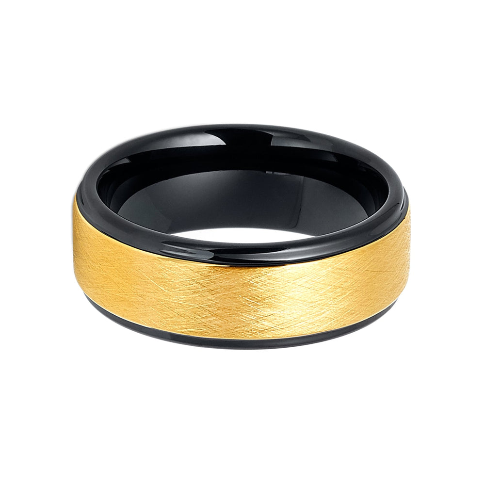 8mm - Black & Gold Tungsten Wedding Band Wire Brushed Center Finish
