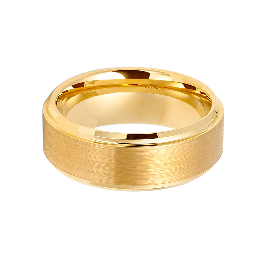 8mm - Yellow Gold Tungsten Carbide Wedding Band Stepped Edges Brush Center