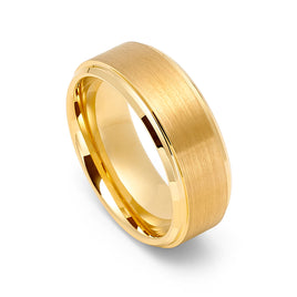 8mm - Yellow Gold Tungsten Carbide Wedding Band Stepped Edges Brush Center