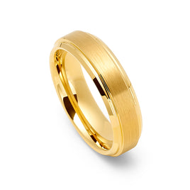 6mm - 14k Yellow Gold Tungsten Carbide Wedding Band Stepped Edges Brush Center