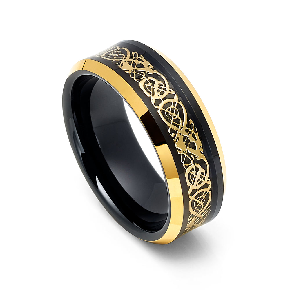Yellow Gold Tungsten Carbide Ring with 18K Gold Dragon Inlay 8mm