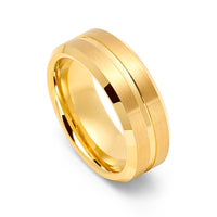 8mm Gold Tungsten Wedding Ring Center Grove Brushed W/ Beveled Edges