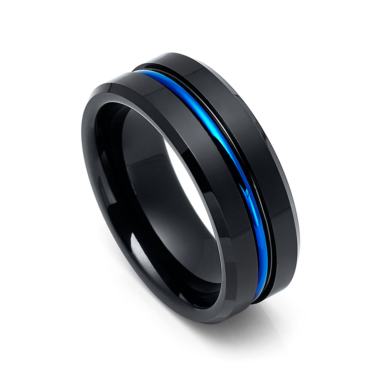 Black Tungsten Carbide Wedding Band W/ Blue Center Groove ring