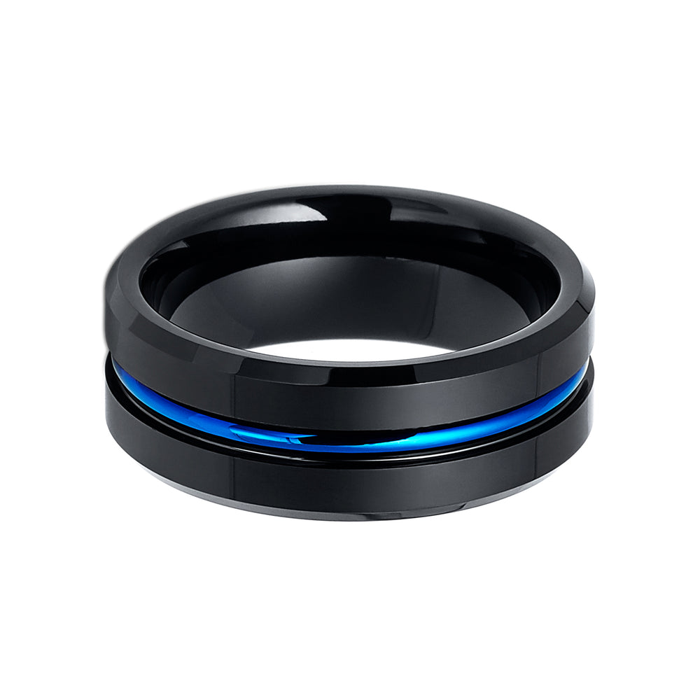 8mm Black Tungsten Carbide Wedding Band with Blue Center Groove