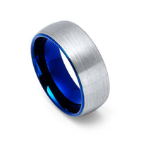 8mm Blue Tungsten Carbide Wedding Ring with Brushed Finish, Dome Ring