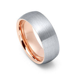 8mm - Mens Tungsten Wedding Band, Brushed Silver w/ Rose Gold Comfort fit, Rose Gold Ring - 8mm