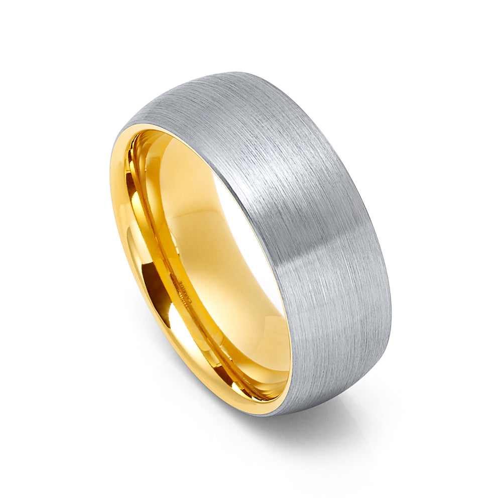 8mm - Tungsten Ring Brushed Silver w/ Yellow Gold Comfort fit band,