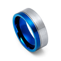 8mm - Tungsten Ring Brushed Blue Silver Tungsten Off Center Groove Ring