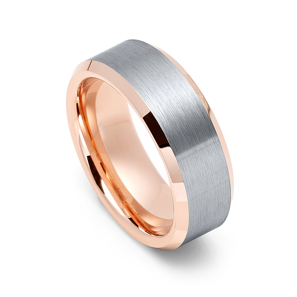 8mm - Tungsten Wedding Band Rose Gold Brushed finish, Rose Gold Beveled Edges,