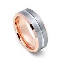 Mens Tungsten Rose Gold Wedding Band, Brushed Center Grooved Ring, Beveled Edges, Man Ring, Womens Ring- 8mm