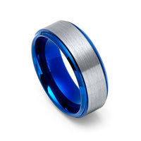 8mm Brushed Blue Tungsten Wedding Band with Polished Edges