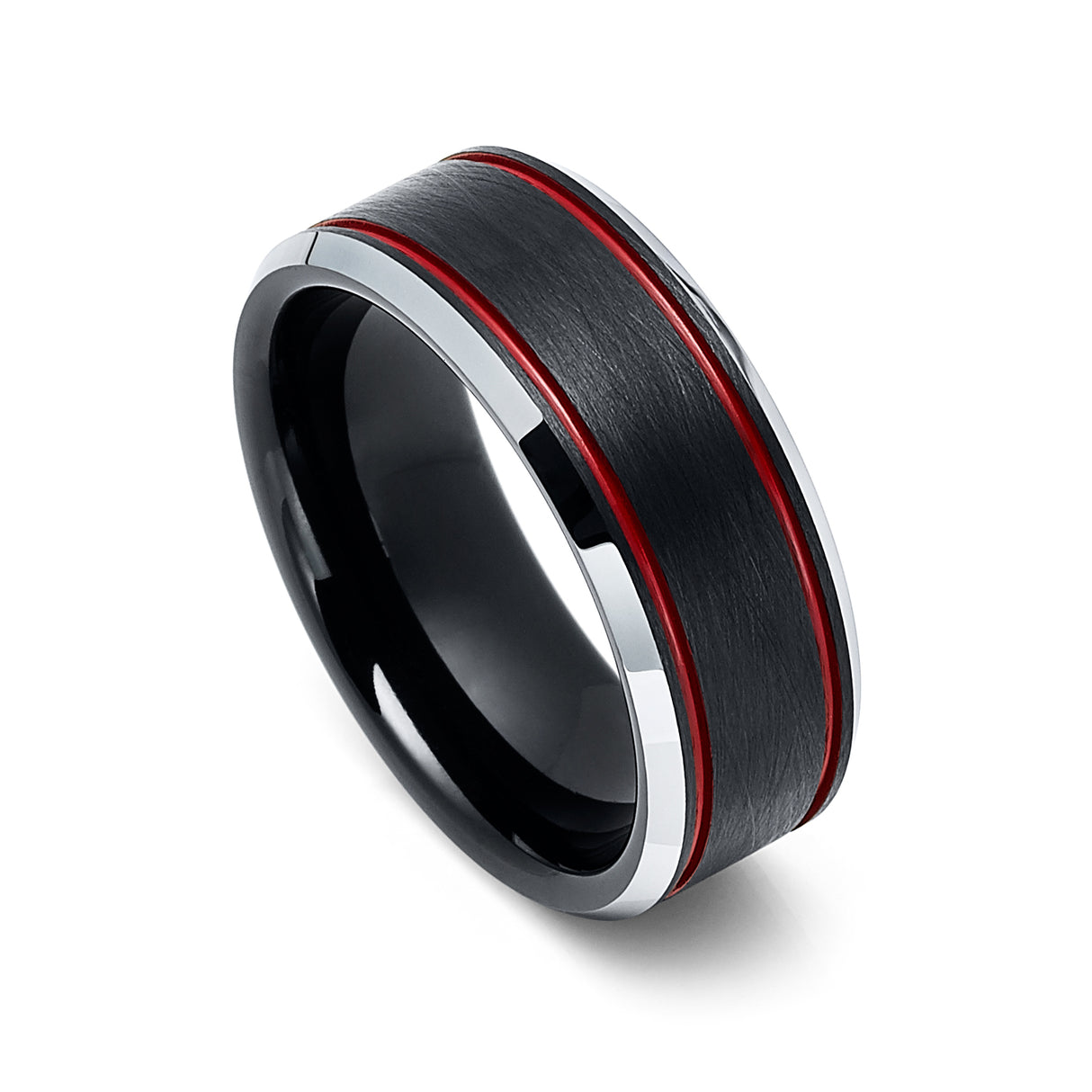 8mm - Red Tungsten Wedding Band Ice Finish With 2 Red Stripes Ring