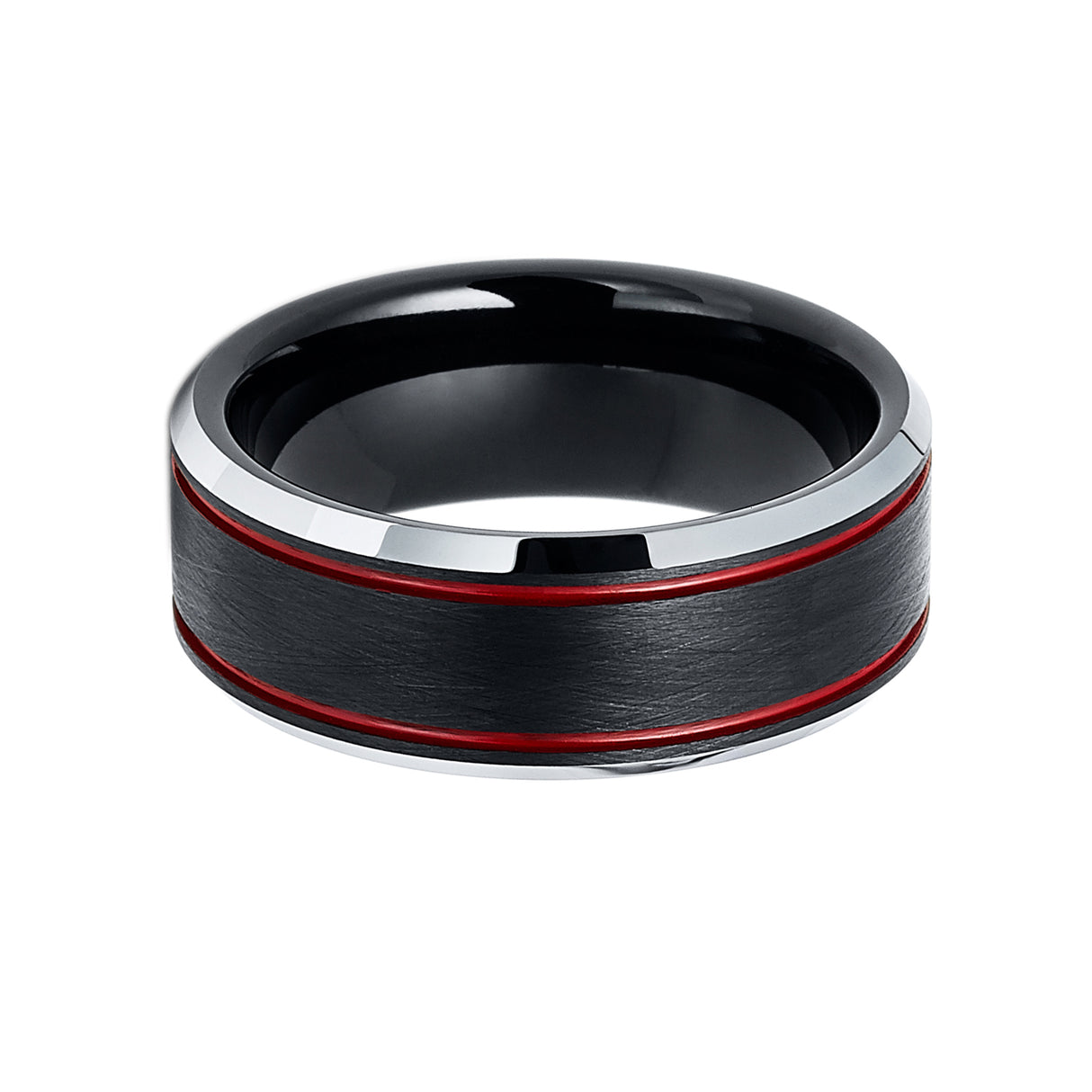 8mm - Red Tungsten Wedding Band Ice Finish With 2 Red Stripes Ring