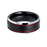 8mm - Red Tungsten Wedding Band Ice Finish With 2 Red Stripes Ring