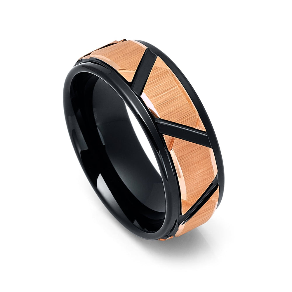 8mm Black Tungsten Wedding Band W/ Rose Gold Trapezoids Stepped Edges